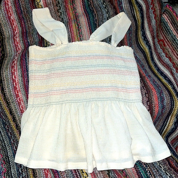 Babydoll Smocked Bodice Top Colorful Y2K Textured Peplum Rainbow Stripe Blouse - Picture 1 of 4